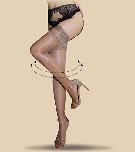 Ultra Shiny Lace Top Thigh High Silk Stockings for Women Shimmery Glossy Sheer Antiskid Silicone Tights 15 Den
| Long-P