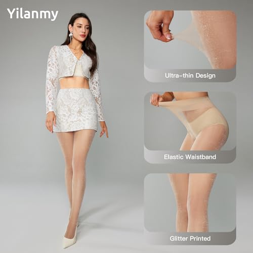 Yilanmy Women's Glitter Sheer Tights for Sexy Occasions High-Shine Elastic High-Waist Pantyhose Transparent 2 Pairs
Yil
