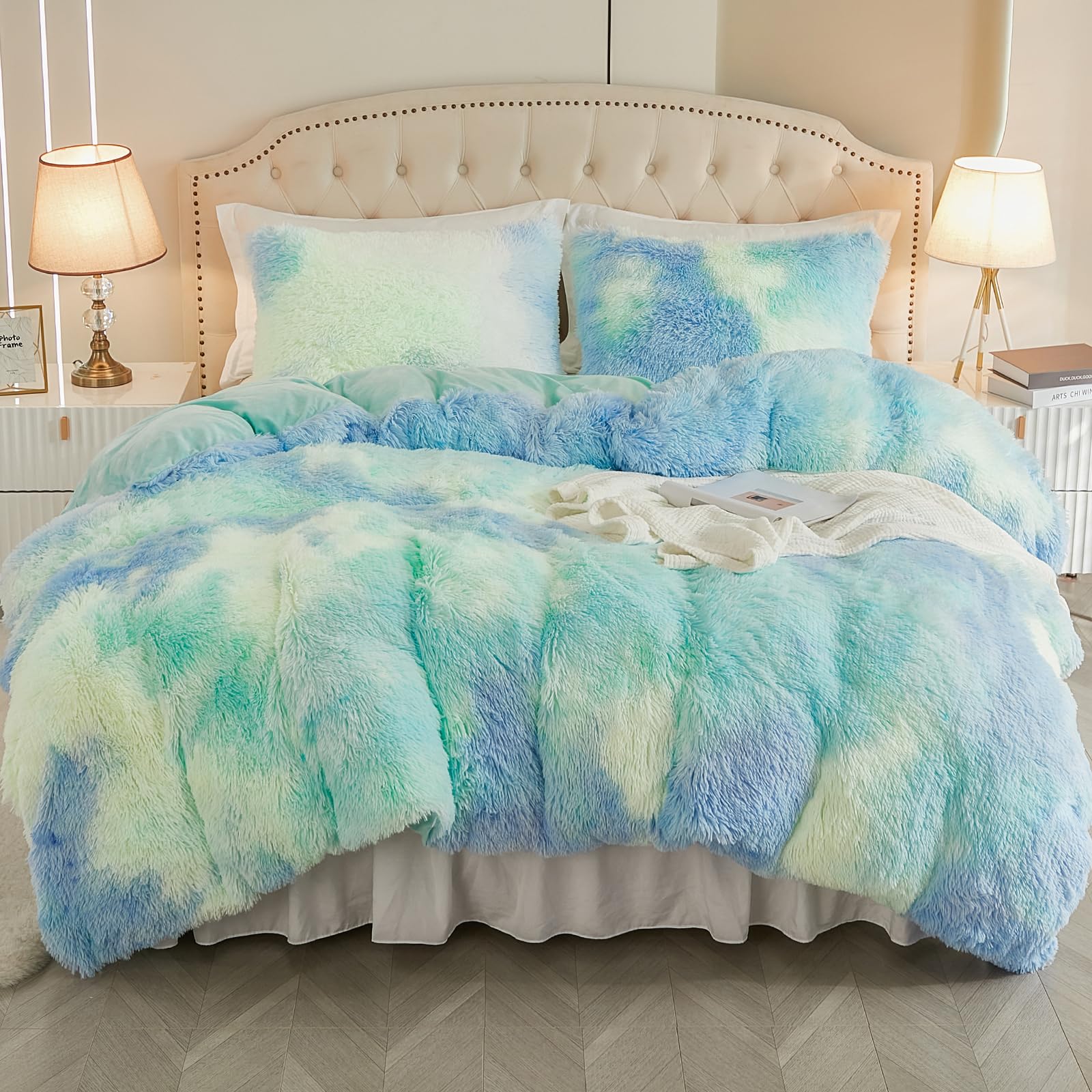 EMME Luxury Tie Dye Blue Fluffy Duvet Cover Set for King Bed (King Size, 3 Pieces) OEKO-TEX Certified Comforter Cover Se